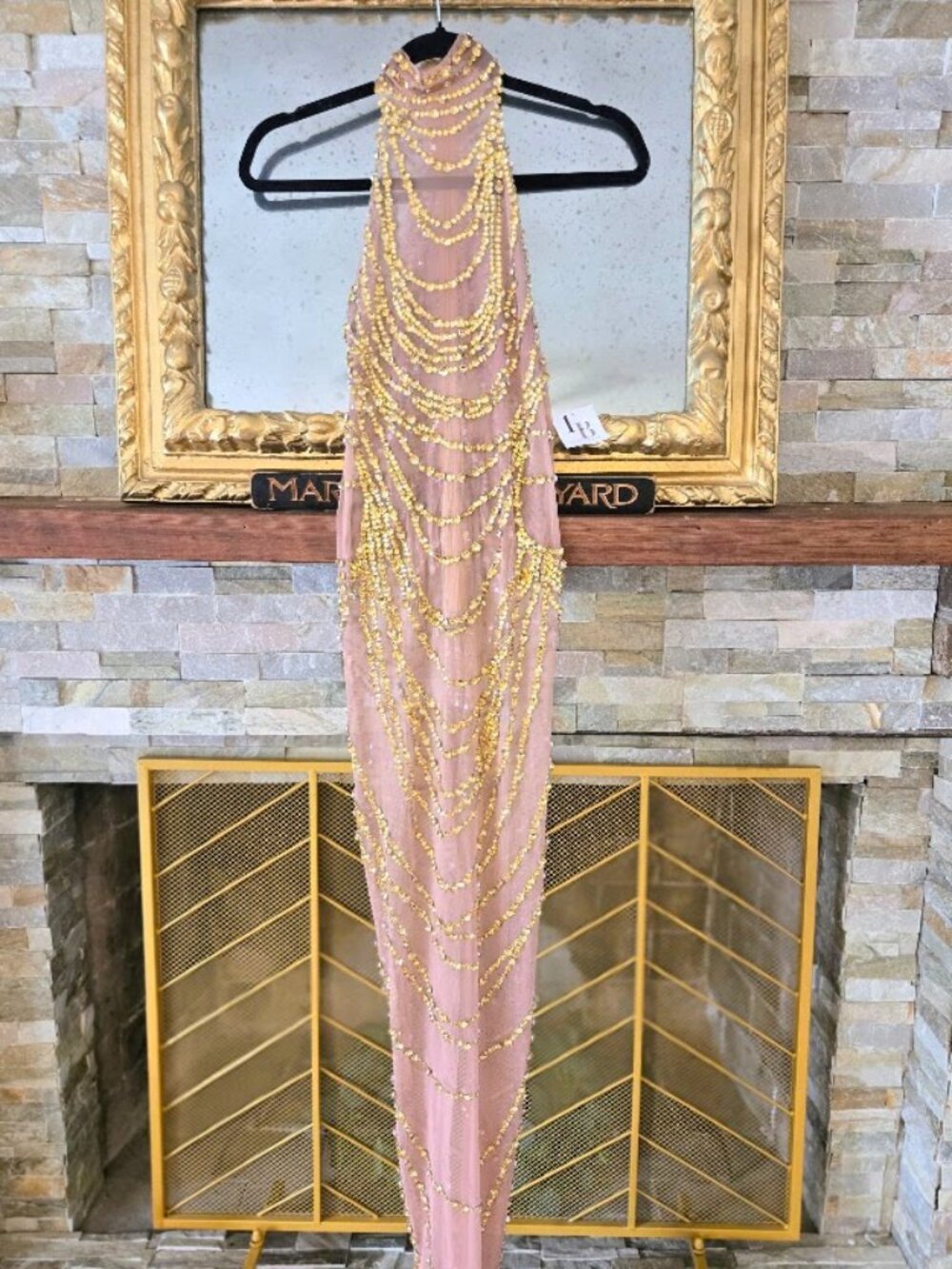 NWT Luxxbrowngirl Gold Beaded Halter Sheer Mesh Maxi Dress Gala Prom 148